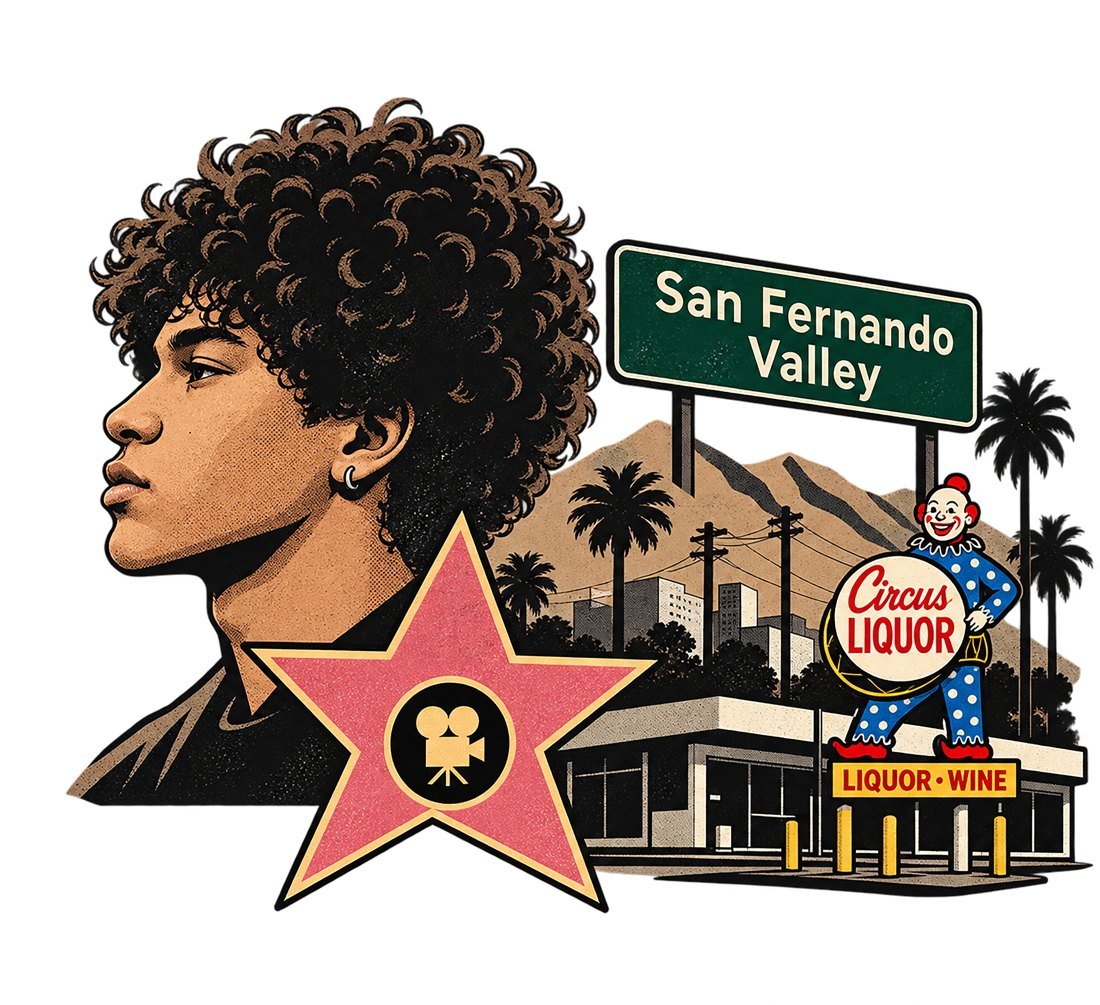 San Fernando Valley illustration after: finished vector artwork with portrait, Walk of Fame star, valley sign and Circus Liquor clown